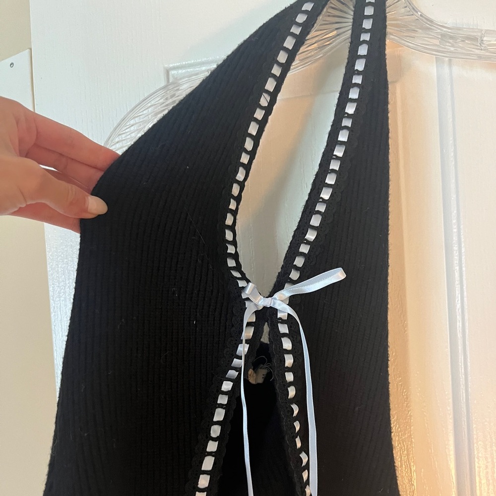 Black Sweater Halter Top with Ribbon Detail